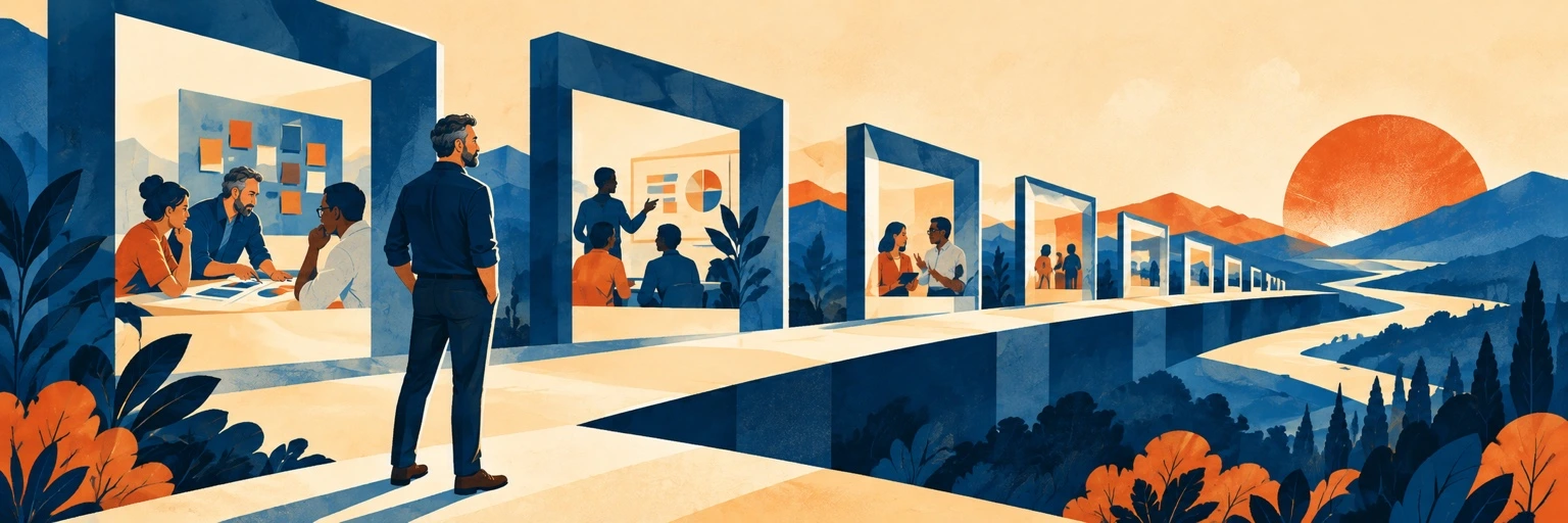 Connected doorways showing teams collaborating along a pathway through a mountain landscape.